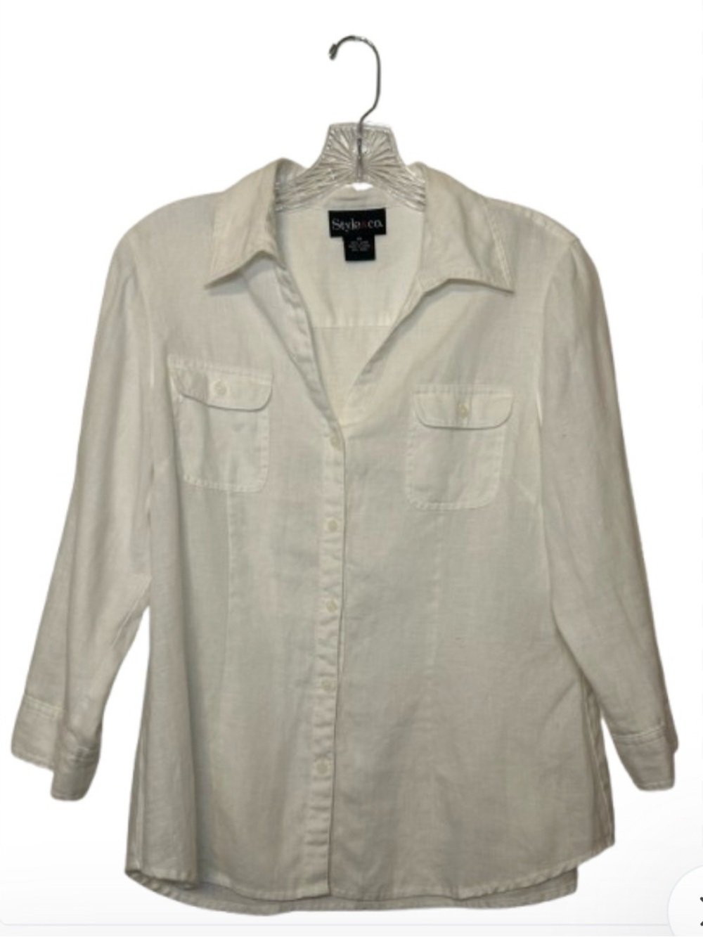 Style & Co. 100% Linen 3/4 Sleeve White Button-Down Shirt 10